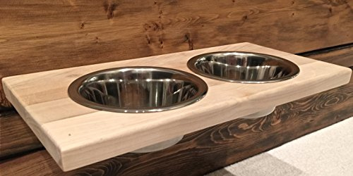Chic, Floating, Wood, Height-Flexible Wall Mount Dog/Cat/Pet Food & Water Bowl Holder/Feeder with 2 S.S. Dishwasher-Safe Bowls (~ 2 Quart / 64 oz / 1890 ml) for Large Pets. 2-Screw Installation.