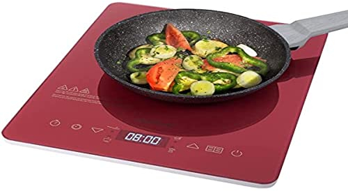 Cecotec Placa inducción portátil Full Crystal Scarlet. Potencia 2000 W, Temperatura Regulable, 4 Programas preconfigurados, Temporizador, Sartenes hasta 28 cm