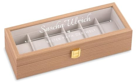 Maverton Uhrenbox mit Gravur für 6 Uhren - Uhrenschachtel Uhrenaufbewahrungsbox aus Holz - personalisiert - braun 31x11x8cm - Geschenk zum Geburtstag für Männer - Vatertag