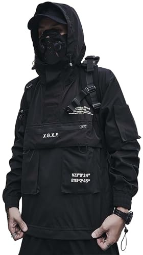 Nipece Inc Men's Combat Waterproof Hooded Techwear Jacket (Black3, L)