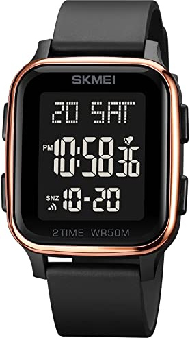 Gosasa Classic Square Face Unisex Women's Men's Digital Multifunction Outdoor Casual Watch Countdown 50M Waterproof Led Light Wristwatch (Rose Gold)