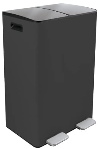 Spirella - Mülltrennsystem Küchenabfalleimer 60L (2x30L) mit Pedal - Modell Aliya - Gebürsteter Edelstahl - Soft-Close-Deckel - Herausnehmbare Inneneimer - Seitliche Griffe - Mattgrau