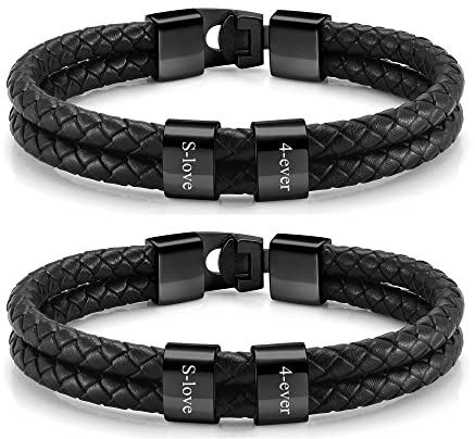 Zysta 2 Stück Personalisierte Herren Armband mit Gravur Männerarmband mit Namen schwarzem Lederarmband Vatertagsgeschenk für Papa Vater