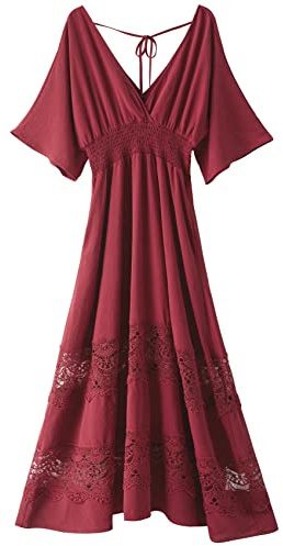 Olaesa Boho Maxi Dress V Neck Short Sleeve Lace Smocked Waist Bohemian Party Dress for Women with Pockets Dark Red