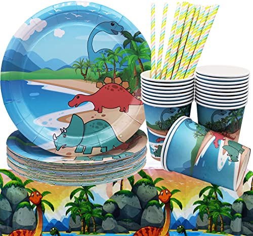 Juego de 62 Vajilla para Fiesta de Dinosaurios, Decoración de Cumpleaños, Fiesta de Cumpleaños, Bonito Tema Original de 9 ″ Platos, Vasos, Pajitas para 20 Invitados
