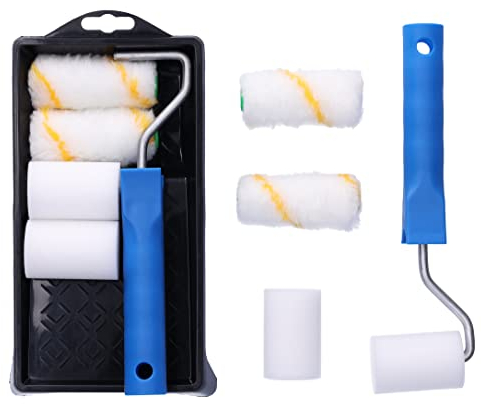 ToolSpace 6 Pezzi Set - Rullo Pittura Kit 2 x 5 cm Rulli 2 x 7 cm con Manico e Vaschetta - per Tinteggiatura Pareti - Pitturare Casa Interne - Imbiancare Vernici - Attrezzi per Verniciatura Dipingere