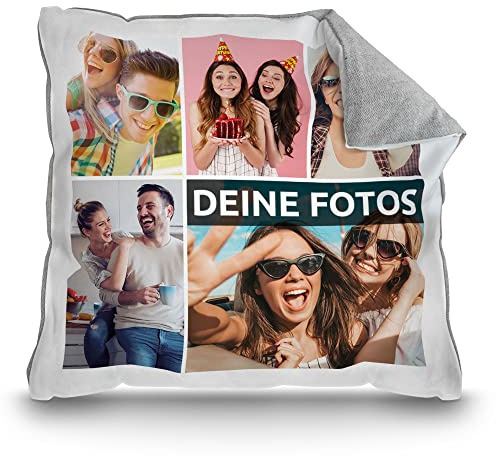 Print Royal Kissen mit Fotocollage selbst gestalten - mit 5 Fotos Personalisieren - Geschenk für Freunde und Familie | Rückseite Pastellgrau, inkl. Kissenfüllung, 40x40cm