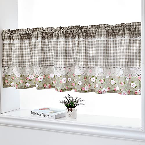 USbelff Braun Karierte Küchengardine, Bistrogardine Baumwolle Kurz Vorhang Landhaus Scheibengardine Spitze Kurz Kleine Fenster, 1 Stück H/B: 50 x 150 cm