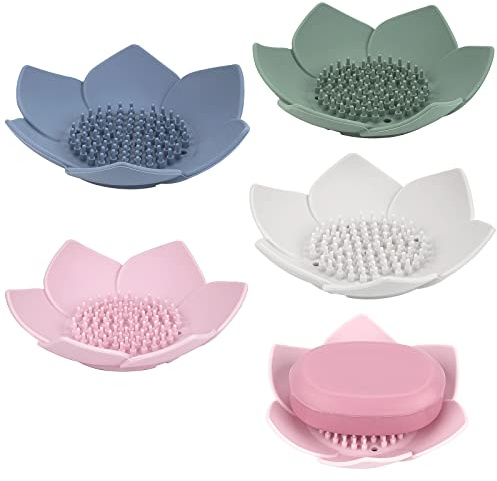 Linkidea Seifenschale mit Abfluss, Silikonseifenhalter für Badezimmer, Blumenform, Seifenablage für Küchenspüle, 4 Stück