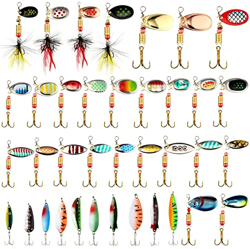 100 Pcs Fishing Lures Spinner Baits Metal Trout Lures Fishing Spinners and Spinnerbaits Metal Baits Kit with 4 Pcs Tackle Box for Salmon Bass Walleye Crappie