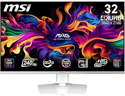 MSI MPG 321URXW QD-OLED 31.5 Inch 4K UHD Gaming Monitor - 3840 x 2160 Quantum Dot OLED Panel, 240Hz / 0.03ms, 99% DCI-P3, ΔE≤2, DisplayHDR True Black 400, KVM, RGB - DP 1.4a, HDMI 2.1, USB Type-C