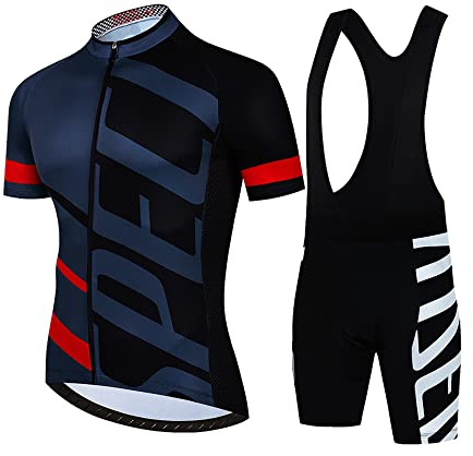 Petorenk Herren Fahrradbekleidung Kurzarm set, Atmungsaktive Herrentrikot, Schnelltrocknend Radtrikots, Radhose mit Polsterung für Mountainbikes (Rot, M)