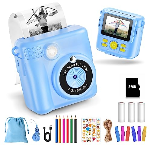 KinderKamera - Sofortbildkamera DigitalKamera Print 1080P - 16x Digitalzoom 2.4 Bildschirm - 32GB Karte - 3 Rollen Druckpapier - mit Aufbewahrungstasche Weihnachten Geschenk für Kinder 3-12 Jahren