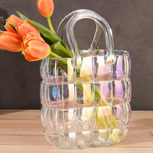 NiHome Iridescent Glass Vase with Handbag-Shaped Handle for Flowers, Farmhouse Decoration, Handmade Glass Vase Wide Mouth for Office, Home, Living Room, Dining Table