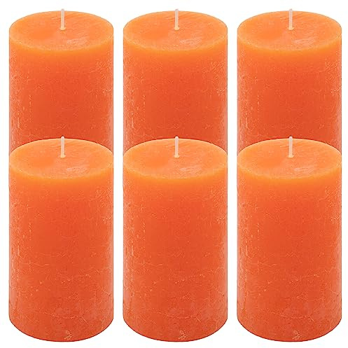 Rustik-Kerze Höhe 11,5 cm Ø 6,8 cm lange Brenndauer Rund-Kerze Säulenkerzen Kerzen-Deko Tafelkerzen Weihnachts-Kerzen Hochzeits-Deko (orange, 6)