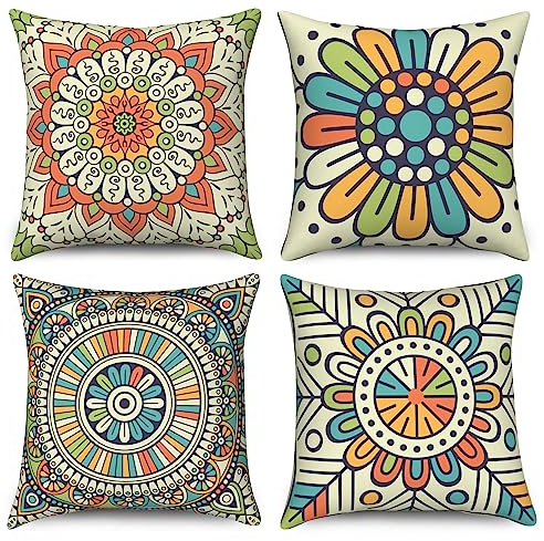 Hnmdmyi Kissenbezug Boho 50x50 4er Set, Retro Buntes Mandala Floral Bohème Dekorative Kissenbezüge Hippie Ästhetische Kunst Leinen Kissenhülle für Sofa Couch Bett Garten Outdoor Home Decor