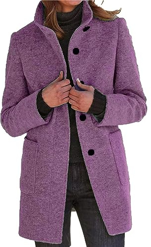 xxxiticat Cappotto da donna in misto lana monopetto caldo colletto alto lungo giacche blazer trench con tasche S-3XL, Lilla, XL