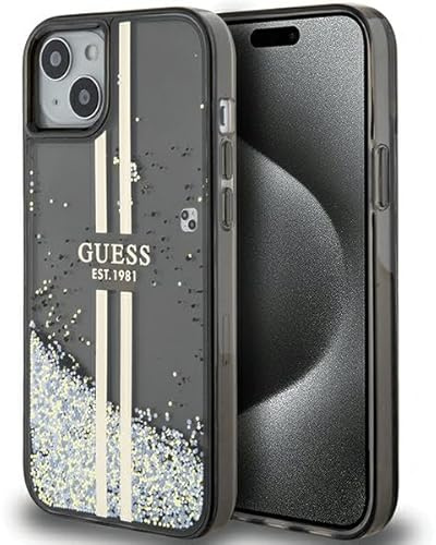 GUESS GUHCP15SLFCSEGK Hülle für iPhone 15/14 / 13 6.1 Schwarz hardcase Liquid Glitter Gold Stripes