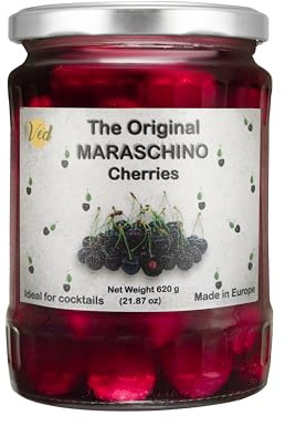 Ved Gourmet Originali Ciliegie al Maraschino - Ciliegia Italiana per Cocktail Old Fashioned - Cocktail Vegano, Ciliegie Bourbon in Sciroppo Naturale per Guarnire Cocktail - Barattolo da 620g