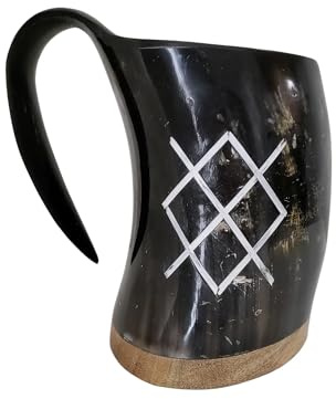 Viking By Heart Vero corno di bue lungo 15-17 cm, boccale in corno vichingo con base in legno, incisa con la lancia di Odino, capacità 20 OZ, boccale in corno artigianale, regali unici per birra per u