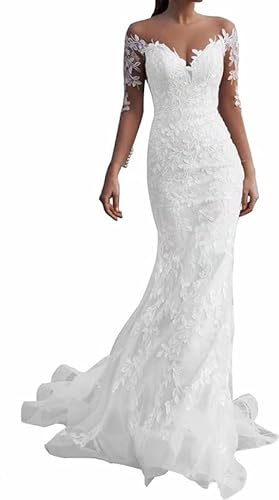 Abito da Sposa Lungo Sirena Abito da Sposa in Pizzo Maniche Lunghe, SEVENYXX, bianco, 44