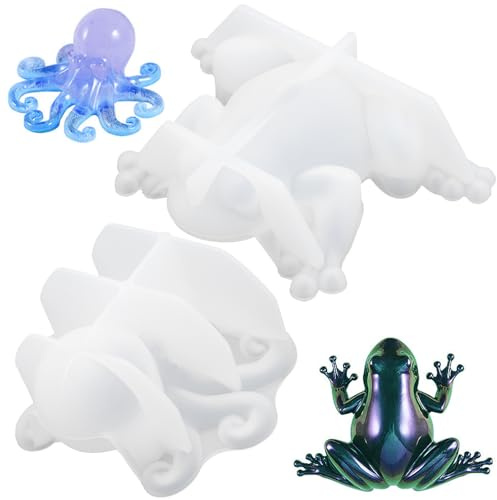 INHEMING 2pcs Octopus Frog Resin Moulds, 3D Animals Epoxy Resin Moulds,DIY Silicone Resin Casting Moulds for Indoor and Outdoor Decoration