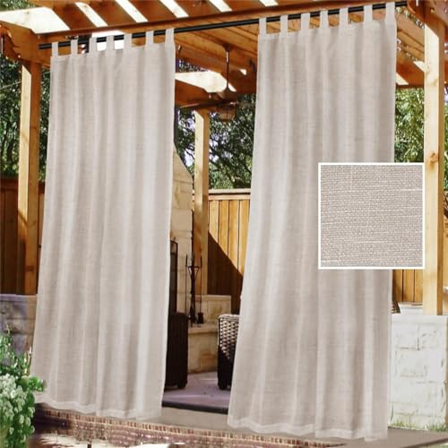 FASCINATDECO Outdoor Gardinen Wetterfest Halbtransparent Outdoor Vorhang Wasserdicht 2 Stücke Terrasse Vorhänge mit Klettverschluss Leinenoptik Outdoorvorhänge für Pavillon, 243x132 cm, Natürlich