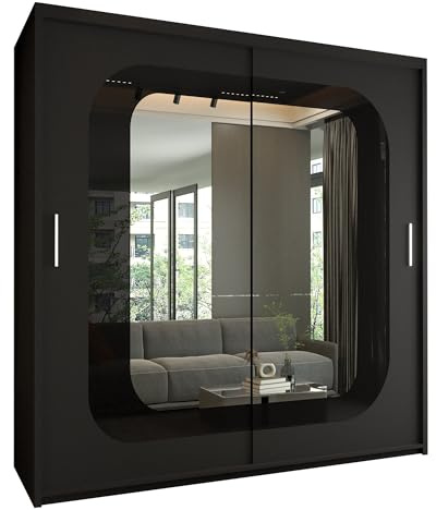 FURNITUREWAVE Minosa Sliding Mirror Doors Wardrobe For Modern Bedroom Furniture Cupboard with Space Saving Shelves and Hanging Rails (Black/Black, 150cm)