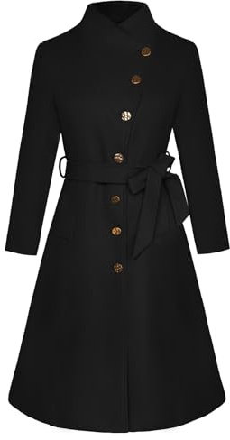 GRACE KARIN Eleganter einreihiger Mantel mit Reverskragen A-Linien-Mantel mit Taschen Schwarz M
