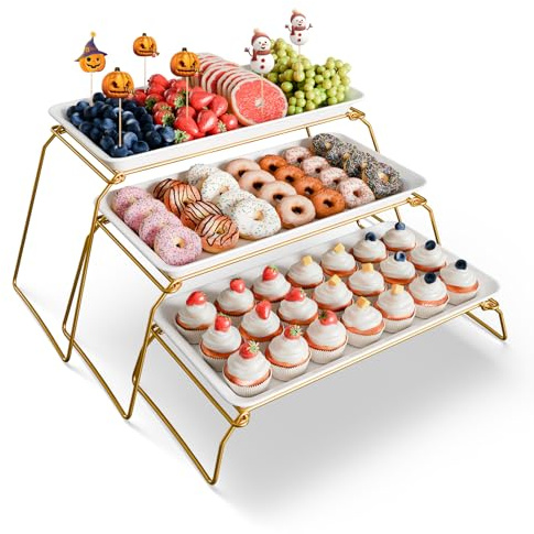 Extra Large 3-Tier Melamine Serving Tray Set and Cupcake Stand for Party Events, 43cm Platters with Tiered Stand, Holds 63 Cupcakes, Food, Dessert, and Fruit – Gold | Melamine Reusable Platters with Metal Display Stand for Cupcakes, Desserts, Fruit, Cookies, Parties, Birthdays and Holidays