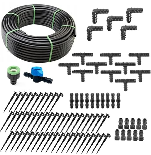 Garden Drip Irrigation Pipe Hose, Micro Drip System Connecting Pipe Gardening Automatic Self-Irrigation Kit (100m + Full Kit)