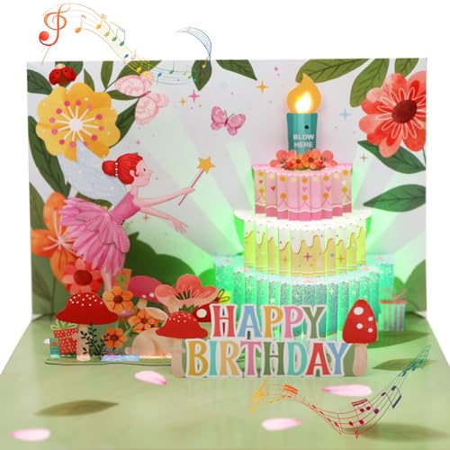Geburtstagskarte für Mädchen, Geburtstagskarte mit Musik & Licht für Baby Mädchen, 3D Pop-up Fee & Kuchen Singende Karte Geburtstag für 1 Jahr/2/3/4/5/6/7/8/9 Jahre Mädchen, Tochter, Enkelin, Nichte