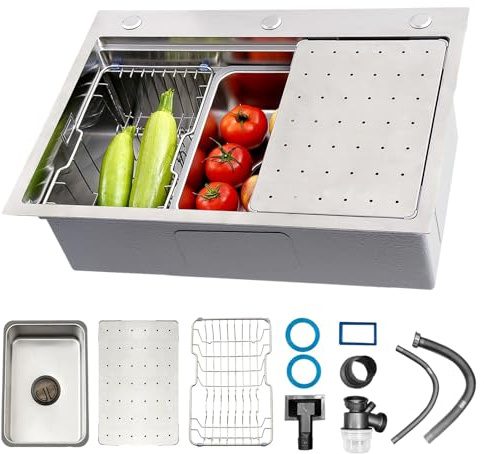 Fregadero Cocina Grande Acero Inoxidable 304, Fregadero 1 Seno Plateado, Fregaderos Un Seno Con Canasta De Drenaje, Para Instalación Bajo Encimera, Sobre Encimera(B,80x50x22cm)