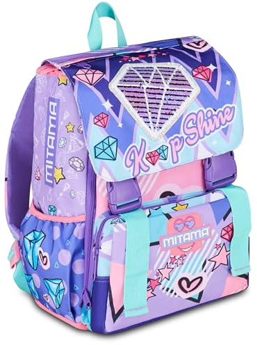 Zaino scuola Triplo Scomparto Mitama DOUBLE DIAMOND, Lilla, Zaino Estensibile, Tasca Porta Borraccia, Schienale Preformato, Scuola Elementare, Bambina