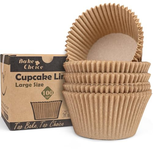 Bake Choice 100 Pezzi Pirottini per Muffin Carta Grandi,Diametro Inferiore 6,5 cm,Pirottini Muffin Carta per Feste & Matrimoni,Grande Dimensione Naturale