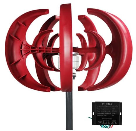HYZHANHONG 220v, Aerogenerador de CC de bajo Ruido de 220 V, 12 V, 24 V y 48 V, 12 000 W, con Eje Vertical y Controlador para casa o Camping (Rojo, 5 aspas)
