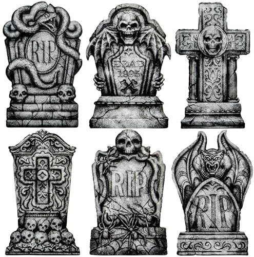 JOYIN 41.5cm Halloween-Dekorationen für den Außenbereich, Friedhofs-Grabsteine, 6 Stück Skelett-RIP-Grabsteine aus Kunststoff, Halloween-Dekor mit 12 Metallpfählen