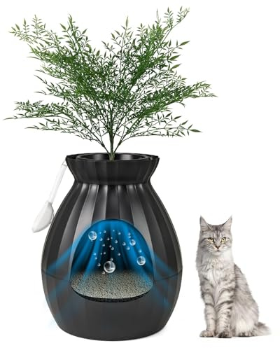 FANTASK Katzenklo, 50x50x59cm, Katzenklo mit elektronischem Geruchsbeseitigungssystem, Blumentopf-Stil mit künstlicher Pflanze und Kieselsteinen, Schwarzes Katzenklo