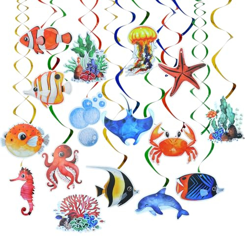 40 Stück Tropische Fisch Hängende Wirbel Decke Dekor, Luftschlangen Party Deko, Meerestiere Spiral Girlanden Hänge Deko Unter Dem Meer Party für Jungen Mädchen Kinder Unterwasserwelt Geburtstag