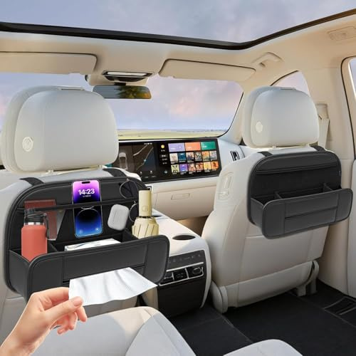 FLORICH Autositz Organizer PU-Beschichteter Rückenlehnenschutz Mehrfach Organizer Auto Kinder Viele Taschen Multifunktional Wasserdicht Universal passend für Autofahrten mit Kindern (Schwarz, 2 Stück)