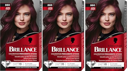 Schwarzkopf - Lot de 3 Brillance - 860 Ultra Violet - Coloration Cheveux Permanente Intense - Eclat Diamant - Couverture Parfaite des Cheveux Blancs - Masque Soin Fixateur de Couleur
