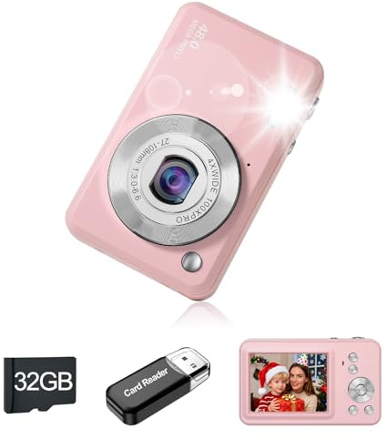 Digital Camera, 1080P HD Compact Portable Vlogging Camera with 32GB Memory Card, Long Battery Life Digital Cameras, for Children Boys Girls(Pink)