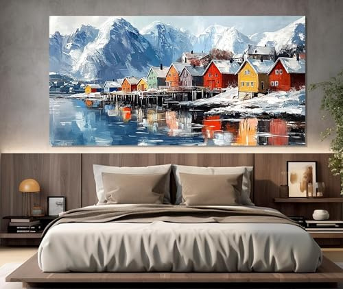 XINBAO Gemälde skandinavischer Häuser auf Leinwand gedruckt, Foto, Leinwanddruck, malerische Winterlandschaft, Norwegen-Poster, Wanddekoration, 80 x 160 cm, rahmenlos