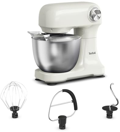 Tefal Bake Easy, Küchenmaschine, kompakt, einfache Bedienung, 12 Geschwindigkeiten, Pulsfunktion, 3,5-Liter-Schüssel, inkl. Schneebesen, Rührbesen, Knethaken, 500 Watt, Weiß, QB140AF0