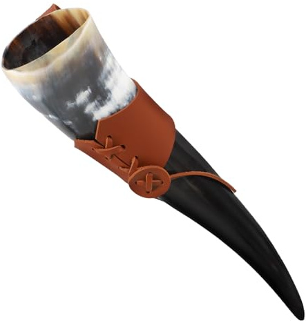 Veemoon Corne à Boire Médiévale en Corne Naturelle avec Support en PU Mug Viking Rustique 1 Pièce Tasse à Vin Vintage Cosplay et Boissons Hydromel Bière Cocktails