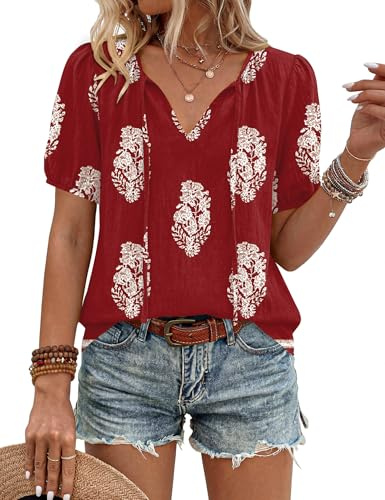 LOMON Womens Tops Dressy Casual Boho Peasant Blouses Blusas de Verano para Mujer 2026 Loose Fit Business Work Tshirts Shirts (Red Apricot Floral,XL)