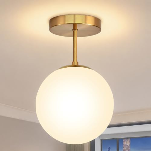 Deckenlampe Gold Vintage, E27 Retro Deckenleuchte Hängend Kugel Glas Weiß | Lampenschirm IP44 Wasserfest Badlampe Decken Hängelampe für Wohnzimmer Schlafzimmer Küche Flur, Ø20cm (Inkl. Glühbirne)