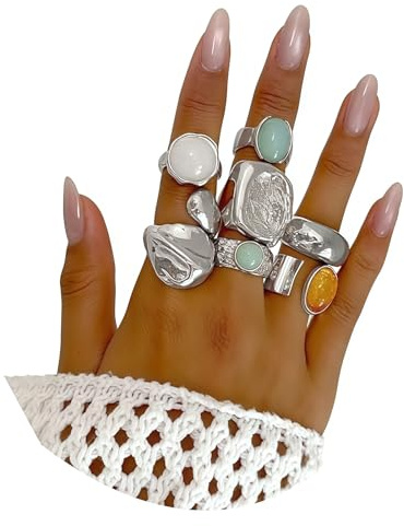 Muorruo 7-teiliges Set aus klobigen, quadratischen Silberringen, offene Statement-Ringe, Vintage-Ringe mit farbigen Strasssteinen, personalisierte