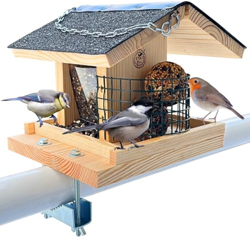 STAFECO Vogelhaus Balkon Vogelfutterhaus mit Balkonhalterung und wetterfestem Holz Vogelhäuschen (Vogelhaus 1)