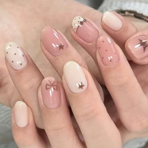Nude Blush Almond Press on Nails with Star and Bow Design - 30PCS Short Soft Pink False Nails, Glossy Full Cover with Polka Dots, Reusable Stick On Tips for Daily Manicure Style